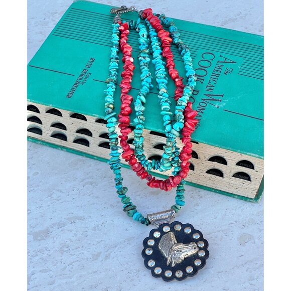 Turquoise & Vintage Coral Beaded Necklace Trigg Leather Horse Equestrian pendant - Picture 6 of 12